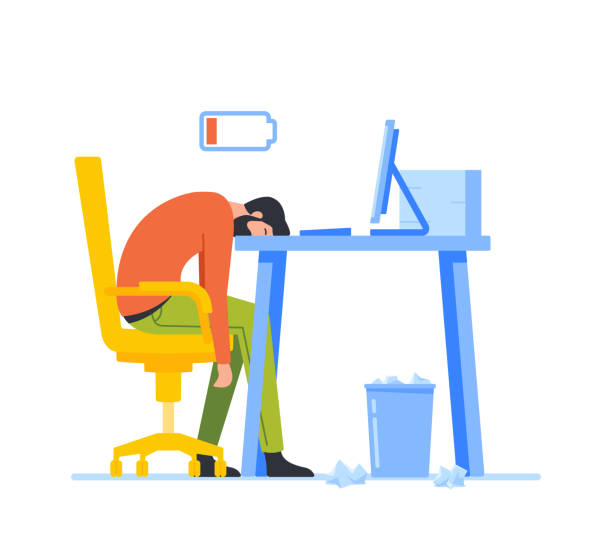 Tired Overload Businessman with Low Life Energy Power Sleeping on Office Desk. Professional Burnout, Overwork Fatigue vector art illustration