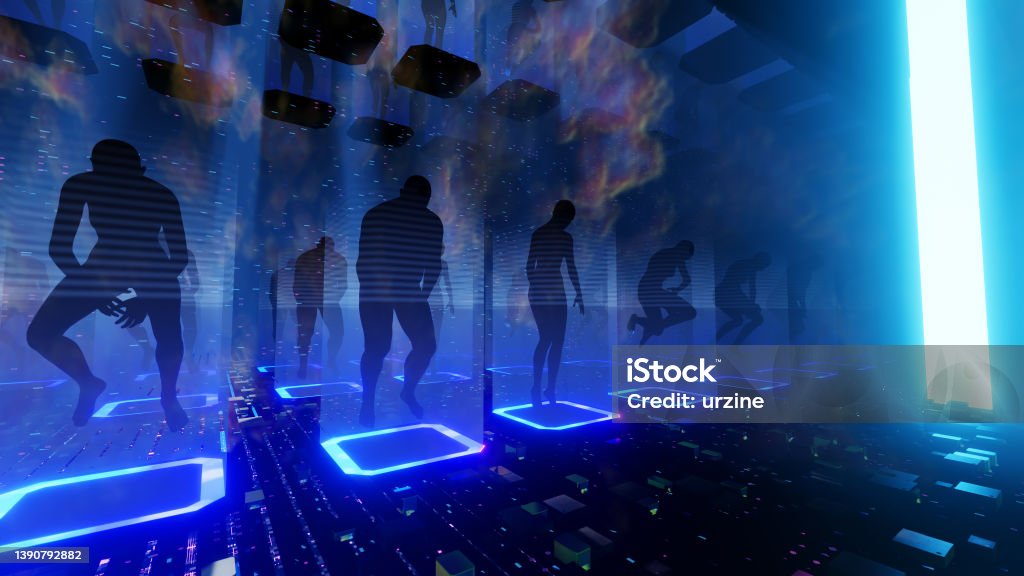 Reality In Metaverse Item Boxes 3D illustration Background for advertising and wallpaper in sci fi and technology innovation scene. 3D rendering in decorative concept. Meta Department Stock Photo