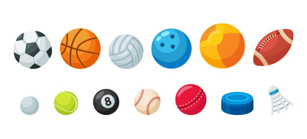 set von verschiedenen bällen für sportspiele fußball, basketball, volleyball und rugby, golf, billard, tennis oder baseball. softball - poolkugel stock-grafiken, -clipart, -cartoons und -symbole