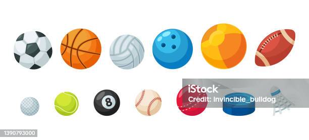 Set Of Various Balls For Sport Games Soccer Basketball Volleyball And Rugby Golf Billiards Tennis Or Baseball Softball Stock Illustration - Download Image Now