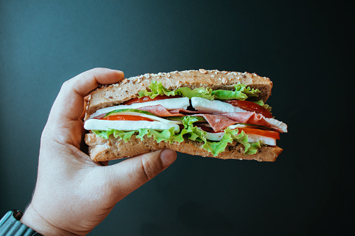 morning breakfast sandwich, cucumber tomato and vegetable sandwich, person eating sandwich, human hand holding sandwich, sandwich on whole wheat bread