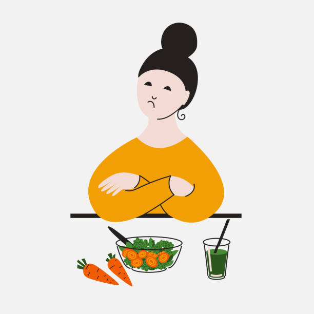 ilustrações, clipart, desenhos animados e ícones de garota descontente sentada na frente de um prato de salada - overweight women salad frustration