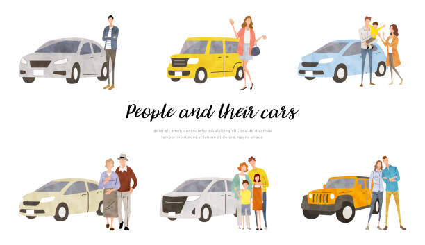 ilustraciones, imágenes clip art, dibujos animados e iconos de stock de material de ilustración vectorial: personas con coches, set - transporte terrestre