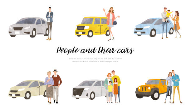 Vector Illustration Material: People with Cars, Set Vector Illustration Material: People with Cars, Set land vehicle stock illustrations