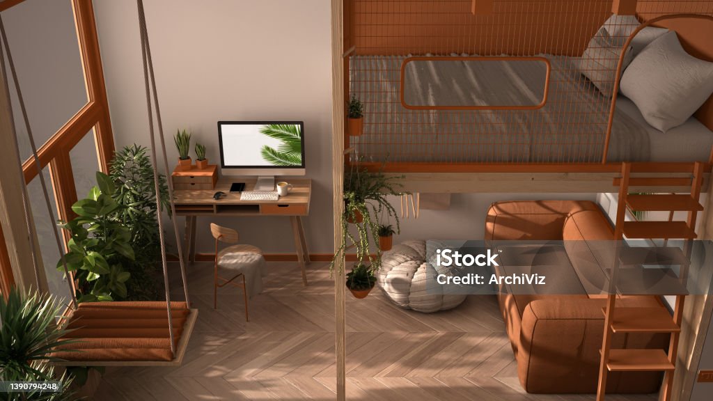 Minimalist studio apartment with loft bunk double bed, swing. Living room with sofa, home workplace, desk, computer. Windows with plants, white and orange interior design, top view Mezzanine Stock Photo