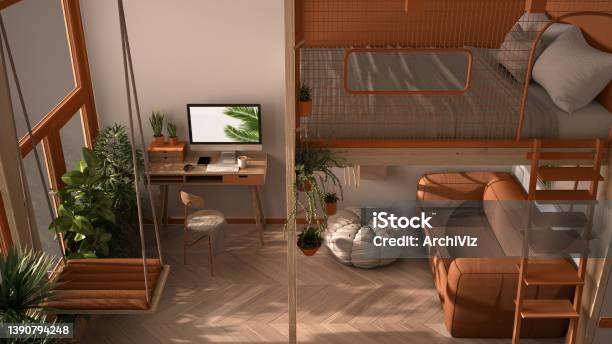 Minimalist Studio Apartment With Loft Bunk Double Bed Swing Living Room With Sofa Home Workplace Desk Computer Windows With Plants White And Orange Interior Design Top View Stock Photo - Download Image Now