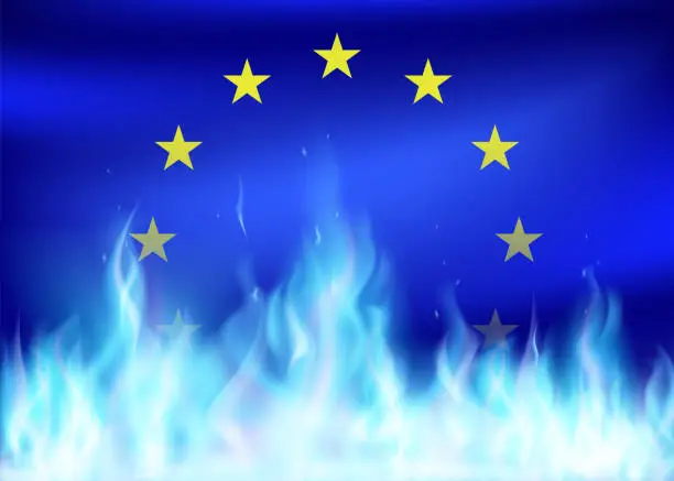 Vector illustration of Gas blue flame on the background of the EU flag