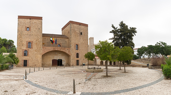 Badajoz Spain - 09 17 2021: View at the exterior front facade at the iconic building at the Roca Dukes Palace, Palacio de los Duques de la Roca, currently houses Archaeological Museum of Badajoz