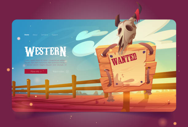 Western banner with wanted poster in desert Western banner with wooden sign with wanted poster and bull skull. Vector landing page of wild west with cartoon illustration of desert landscape with fence and wood board with sheriff announcement cartoon of a pole fence designs stock illustrations