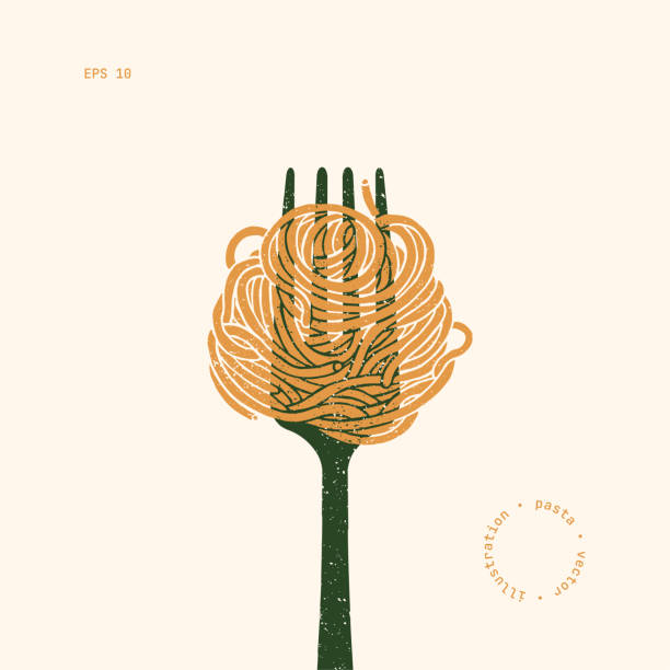 illustrazioni stock, clip art, cartoni animati e icone di tendenza di spaghetti alla forchetta. elemento di design della pasta. illustrazione vintage strutturata. - italian culture ingredient spaghetti food