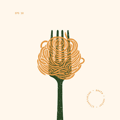 Spaghetti pasta on a fork. Pasta design element. Textured vintage illustration.