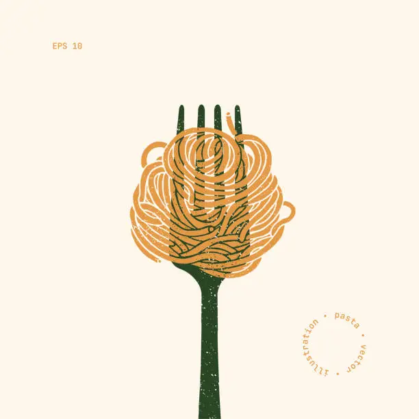 Vector illustration of Spaghetti pasta on a fork. Pasta design element. Textured vintage illustration.