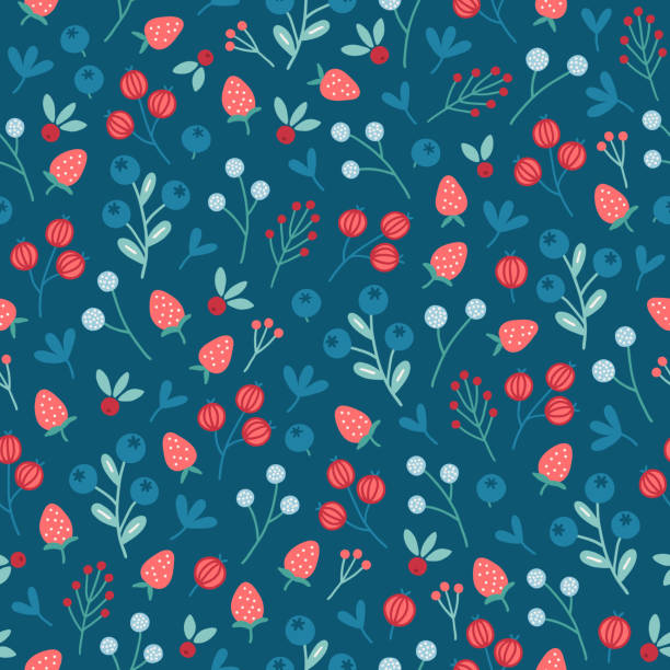 kwiatowy bezszwowy wzór z jagodą, żurawiną, poziomką, liśćmi - berry fruit blueberry floral pattern strawberry stock illustrations