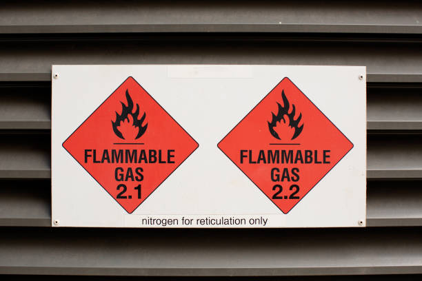 istock Flammable Gas warning signs attached to access door 1390800611