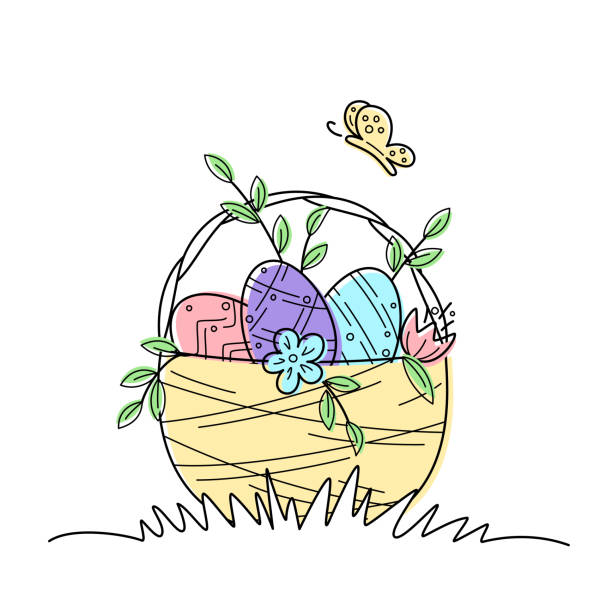 Colorful eggs in basket on a grass with butterfly and flowers. Line design. Happy Easter concept on transparent background. Vector illustration for banner, poster, flyer, greeting card, invitation Colorful eggs in basket on a grass with butterfly and flowers. Line design. Happy Easter concept on transparent background. Vector illustration for banner, poster, flyer, greeting card, invitation. easter easter egg eggs basket stock illustrations
