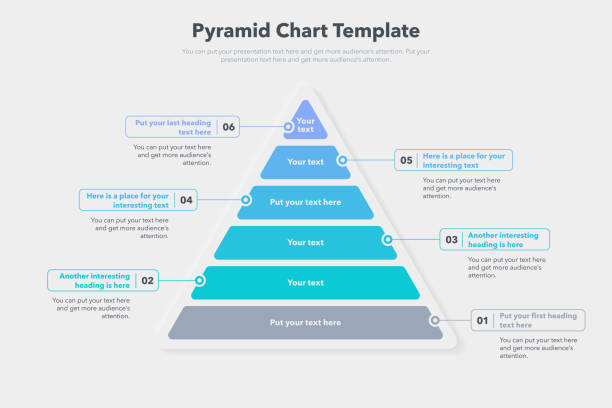 illustrazioni stock, clip art, cartoni animati e icone di tendenza di modello grafico piramidale con sei passaggi colorati - pyramid shape