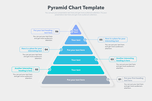 Pyramid graph template with six colorful steps. Easy to use for your website or presentation.