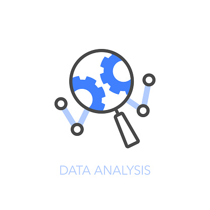 Data analysis symbol with a magnifier, chart and cogwheels. Easy to use for your website or presentation.