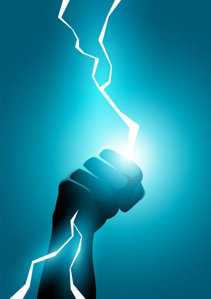 illustrazioni stock, clip art, cartoni animati e icone di tendenza di colpo di illuminazione che tiene la mano - high voltage sign flash