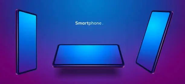 Vector illustration of Presentation of smartphone, 3d mobile phone in different positions and sides shown. Vector realistic cartoon tablet with neon gradient background. Ultra thin display of gadgets, modern technologies