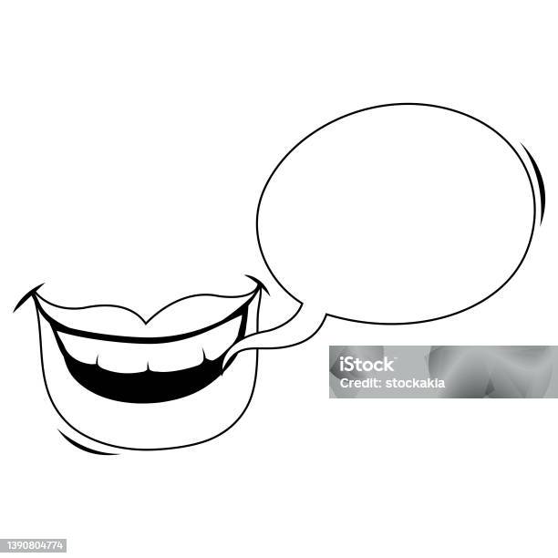 Happy Talking Mouth Vector Black And White Coloring Page Stock