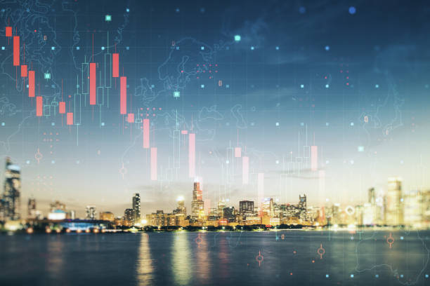 istock Abstract virtual global crisis chart and world map sketch on Chicago office buildings background, falling markets and collapse of global economy concept. Double exposure 1390804866