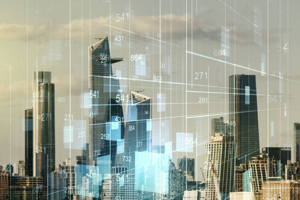 istock Multi exposure of abstract virtual graphic data spreadsheet sketch on Manhattan cityscape background, analytics and analysis concept 1390804886