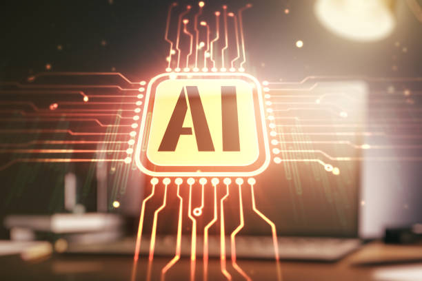 istock Creative artificial Intelligence symbol concept with modern laptop on background. Multiexposure 1390805031
