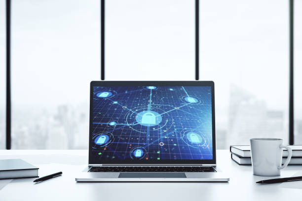 istock Computer monitor with creative light lock illustration and microcircuit, cyber security concept. 3D Rendering 1390805033