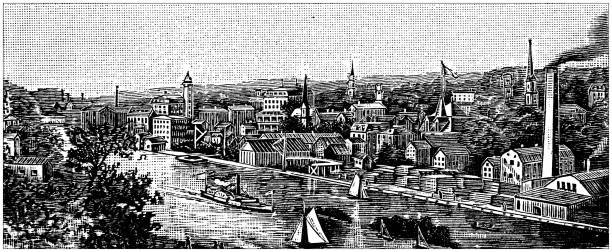 Antique illustration of USA, Rhode Island landmarks and companies: Westerly, Pawcatuck River Antique illustration of USA, Rhode Island landmarks and companies: Westerly, Pawcatuck River westerly rhode island stock illustrations