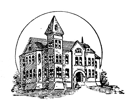 Antique illustration of USA, South Dakota landmarks and companies: Madison, State Normal School