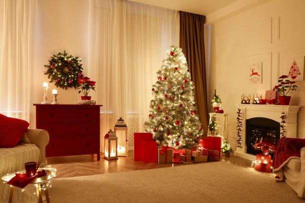 istock Living room with fireplace and Christmas decorations. Festive interior design 1390808297