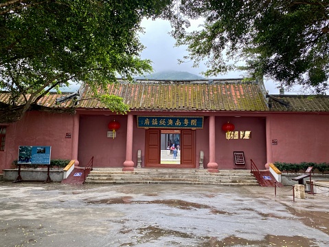 A picturesque view of a traditional Vietnamese temple complex located on Yen Tu Mountain