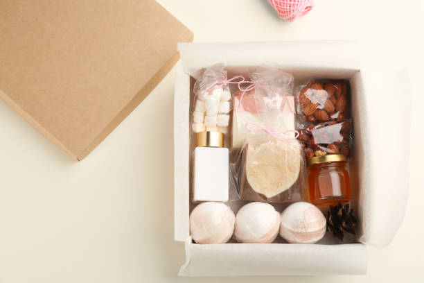 istock Stylish gift set on white background, flat lay. Space for text 1390809025