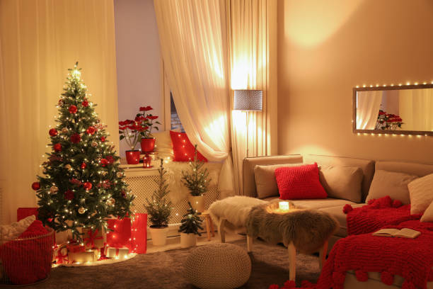 istock Living room with Christmas decorations. Festive interior design 1390809483