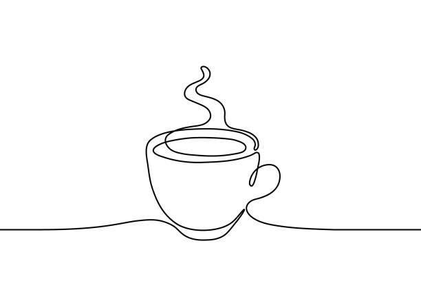 커피 한 잔, 하나의 연속 선 그리기. 간단한 추상적 인 개요는 스팀 음료와 함께 아름다운 머그잔을 설명합니다. 벡터 일러스트 레이 션 - coffee stock illustrations