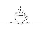 istock Cup of coffee, one single continuous line drawing. Simple abstract outline beautiful mug with steam beverage. Vector illustration 1390810247