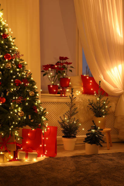 istock Room with Christmas decorations in evening. Festive interior design 1390810280