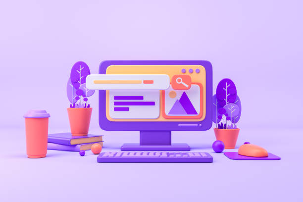 istock Pc computer with search box, books and coffee cup, bright background 1390810315