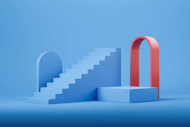 istock Blue abstract geometry and stairs with arch. Mockup 1390811667
