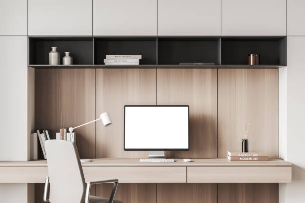 istock Bright living workspace room interior with desktop with empty monitor 1390812011