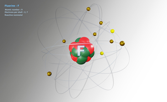 Atom of Fluorine with Core and 9 Electrons on a White background