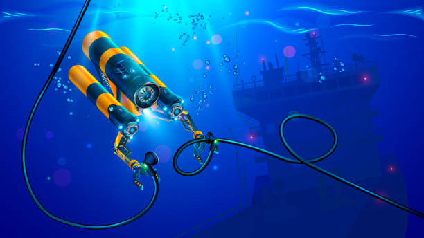 ilustrações, clipart, desenhos animados e ícones de rov subaquático autônomo ou drone com manipuladores ou braços robóticos. moderno veículo submarino operado remotamente. robô submarino para exploração submarina fundo do mar no lugar naufrágio de navio. - mergulho autónomo