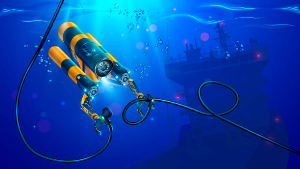 Autonomous underwater rov or drone with manipulators or robotic arms. Modern remotely operated underwater vehicle. Subsea robot for deep underwater exploration sea bottom in place shipwreck of ship. Autonomous underwater rov or drone with manipulators or robotic arms. Modern remotely operated underwater vehicle. Subsea robot for deep underwater exploration sea bottom in place shipwreck of ship. underwater exploration stock illustrations