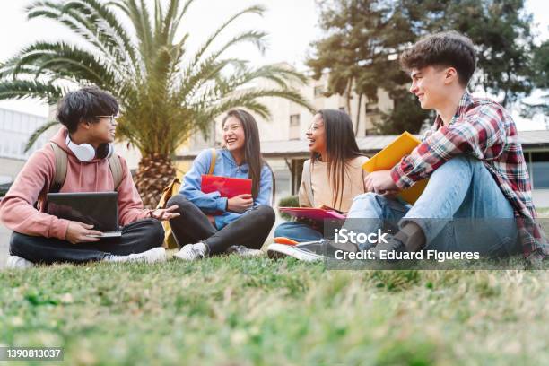 Group Of Multiracial International Exchange University Student Friends Sitting On The Grass In The College Campus Stock Photo - Download Image Now