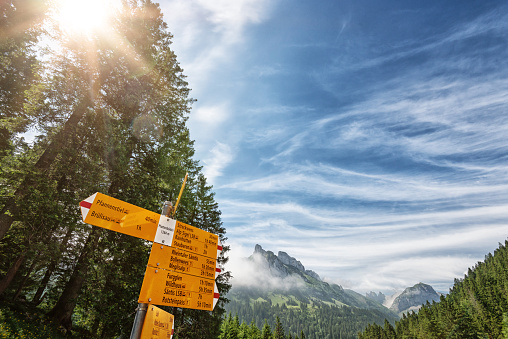 This signpost is located at Plattenbödeli near the lake Seealpsee in the Alpstein region in Appenzell Switzerland