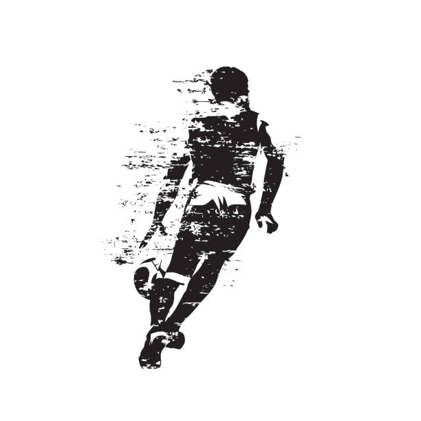 basketballspieler läuft mit ball, point guard dribbelt mit ball, abstrakte grungy stil vektor silhouette - streetball basketball sport men stock-grafiken, -clipart, -cartoons und -symbole