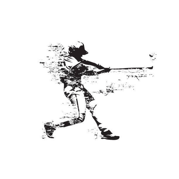 ilustraciones, imágenes clip art, dibujos animados e iconos de stock de jugador de béisbol golpea pelota, grunge abstracto aislado silueta vectorial. bateador de béisbol - baseball silhouette baseball player sport