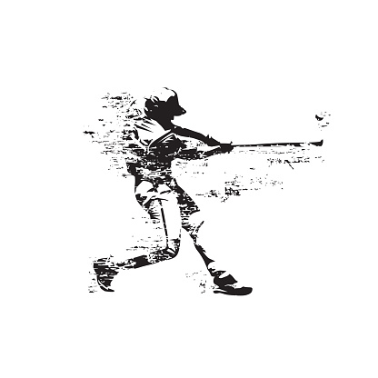 Baseball player hits ball, abstract grunge isolated vector silhouette. Baseball batter
