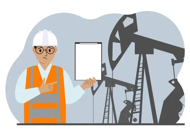 Vector illustration of A male refinery engineer worker uses a tableted oil pumping unit. Energy industrial zone, oil drilling.